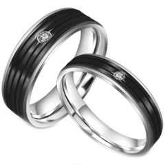 **COI Titanium Black Silver Grooves Ring With Cubic Zirconia-7427BB