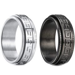 **COI Titanium Black/Silver Greek Key Pattern Milgrain Step Edges Ring-7530BB