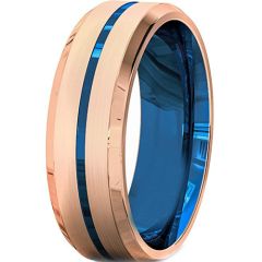 **COI Titanium Rose Blue Center Grooves Beveled Edges Ring-7576BB