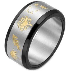 **COI Titanium Gold Tone Black Dandelion Beveled Edges Ring-7602BB