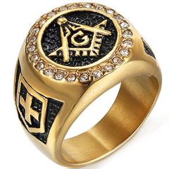 **COI Titanium Gold Tone Black Masonic Freemason Ring With Cubic Zirconia-7607BB