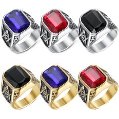 **COI Titanium Gold Tone/Silver Masonic Freemason Ring With Created Blue Sapphire/Red Ruby/Black Onyx-7608BB