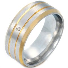 **COI Titanium Gold Tone Silver Double Grooves Beveled Edges Ring With Cubic Zirconia-7621BB