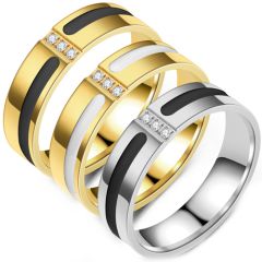 **COI Titanium Gold Tone/Silver Black/White Ceramic Ring With Cubic Zirconia-7625BB