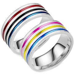 **COI Titanium Rainbow Color Triple Grooves Pipe Cut Flat Ring-7627BB