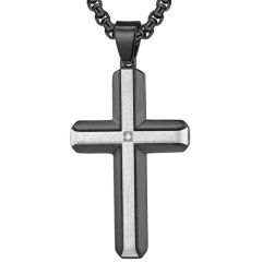 COI Titanium Silver/Black Silver/Gold Tone Silver Cross Pendant With Cubic Zirconia-7680BB