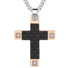 COI Titanium Rose Silver Cross Pendant With Carbon Fiber & Cubic Zirconia-7689BB
