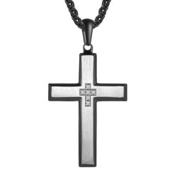 COI Titanium Black Silver Cross Pendant With Cubic Zirconia-7690BB