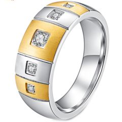 **COI Titanium Gold Tone Silver Grooves Ring With Cubic Zirconia-7764BB