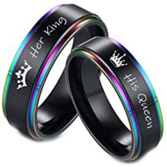 **COI Black Titanium Rainbow Color His Queen Her King Crown Step Edges Ring-7811BB