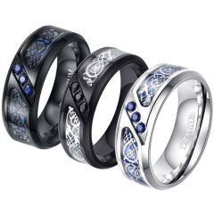 **COI Titanium Black/Silver Dragon Beveled Edges Ring With Created Blue Sapphire-7845BB