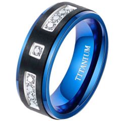 **COI Titanium Black Blue Step Edges Ring With Cubic Zirconia-7846BB