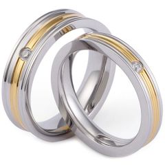 **COI Titanium Gold Tone Silver Grooves Ring With Cubic Zirconia-7855BB