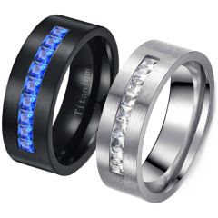 **COI Titanium Black/Silver Pipe Cut Flat Ring With Cubic Zirconia-7878BB