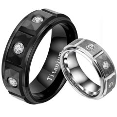 **COI Titanium Black/Silver Hammered Step Edges Ring With Cubic Zirconia-7887BB