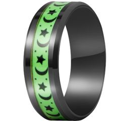 **COI Titanium Black Green Moon & Stars Beveled Edges Ring-7888BB