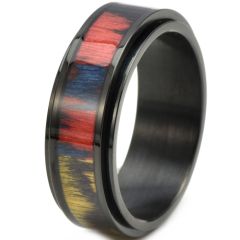 **COI Titanium Black/Gold Tone/Silver Step Edges Ring With Wood-7905BB