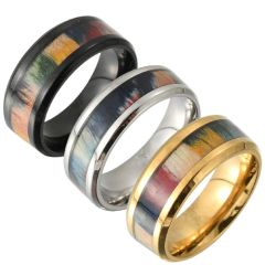 **COI Titanium Black/Gold Tone/Silver Beveled Edges Ring With Wood-7906BB