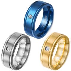 **COI Titanium Blue/Gold Tone/Silver Double Grooves Ring With Cubic Zirconia-7920BB
