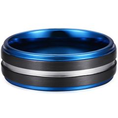 **COI Titanium Black Blue Silver Center Groove Step Edges Ring-7959CC