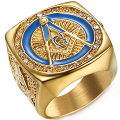 **COI Titanium Gold Tone Blue Masonic Freemason Ring With Cubic Zirconia-8005BB
