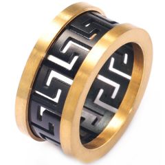 **COI Titanium Black Gold Tone Great Wall Greek Key Pattern Ring-8014BB