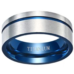 **COI Titanium Blue Silver Offset Groove Pipe Cut Flat Ring-8023BB
