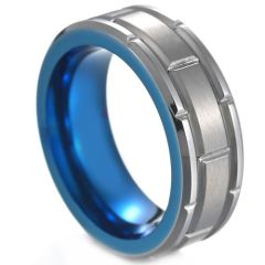 **COI Titanium Blue Silver Tire Tread Brick Pattern Ring-8026BB