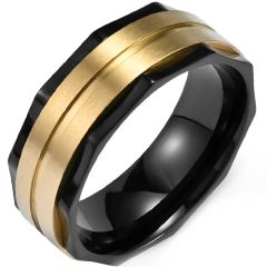 **COI Titanium Black Gold Tone Center Groove Ring-8029BB