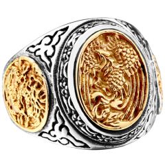 **COI Titanium Gold Tone Silver Dragon & Phoenix Ring-8044BB