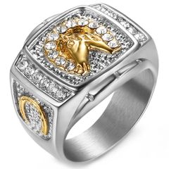 **COI Titanium Gold Tone Silver Horse Head Ring With Cubic Zirconia-8066BB
