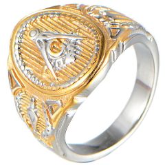 **COI Titanium Gold Tone Silver Masonic Freemason Ring-8072BB