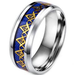 **COI Titanium Gold Tone Masonic Freemason Ring With Blue Meteorite-8079BB