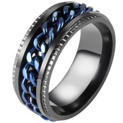 **COI Titanium Black/Silver/Black Blue Keychain Link Step Edges Ring-8103BB