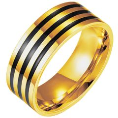 **COI Titanium Gold Tone Black Triple Grooves Pipe Cut Flat Ring-8108BB