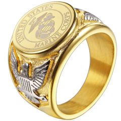 **COI Titanium Gold Tone Silver Marine Corp Signet Ring-8109BB