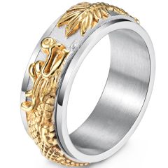 **COI Titanium Gold Tone Silver/Silver/Gold Tone Dragon Step Edges Ring-8111BB