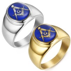 **COI Titanium Gold Tone/Silver Blue Masonic Freemason Ring-8114BB