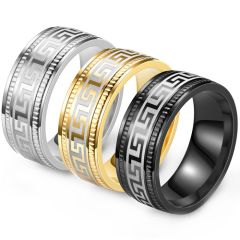 **COI Titanium Black/Gold Tone/Silver Greek Key Pattern Step Edges Ring-8149BB