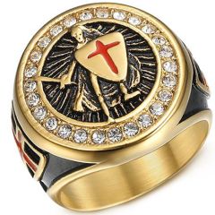 **COI Titanium Gold Tone Black Red Vintage Templar Ring With Cross-8178BB