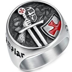 **COI Titanium Silver Black Red Vintage Templar Skull Ring With Cross-8179BB