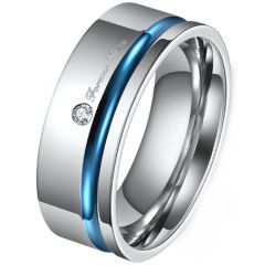 **COI Titanium Blue Silver Offset Groove Forever Love Ring With Cubic Zirconia-8189BB