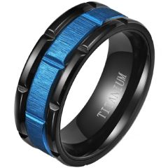 **COI Titanium Black Blue Tire Tread Brick Pattern Ring-8200BB