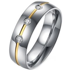 **COI Titanium Gold Tone Silver Center Groove Ring With Cubic Zirconia-8265BB