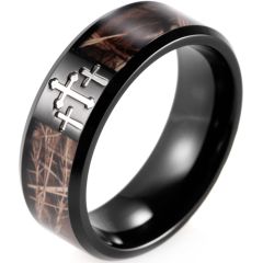 **COI Black Titanium Camo Beveled Edges Ring With Cross-8291BB