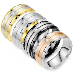 **COI Titanium Black/Gold Tone/Silver/Rose Silver Center Groove Tire Tread Ring With Cubic Zirconia-8299BB