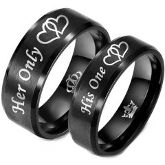**COI Black Titanium His One Her Only Double Hearts Beveled Edges Ring With Crown-8318BB