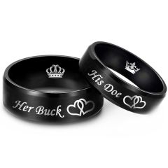 **COI Black Titanium Her Buck His Doe Double Hearts Beveled Edges Ring  With Crown-8320BB