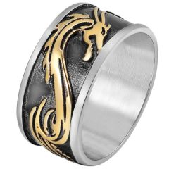 **COI Titanium Black Gold Tone Silver Dragon Pipe Cut Flat Ring-8334BB