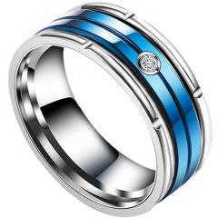 **COI Titanium Blue Silver Tire Tread Center Groove Ring With Cubic Zirconia-8361BB